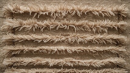 Poster - Beige shaggy carpet texture with intricate fringe details contrasting against a woven background creating a warm and cozy textile feel
