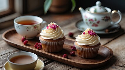 Aufkleber - Delicate cupcakes with swirled frosting on a rustic wooden tray beside a cup of tea and teapot, surrounded by fresh raspberries and natural light