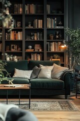 Poster - Cozy living room with a green couch and bookshelves