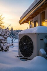 Poster - Air conditioner unit sitting outside a house surrounded by snow, with icicles forming on its surface