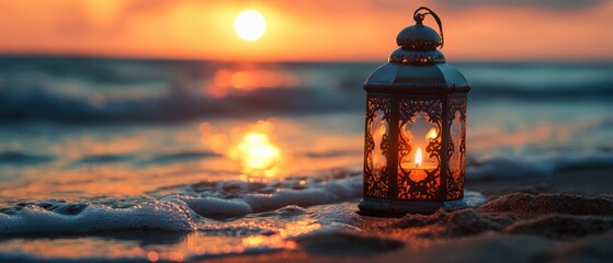 Poster - A lantern sits on the beach as the sun sets in the background, creating a warm and cozy atmosphere