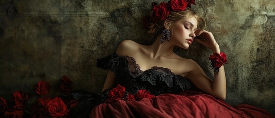 Poster - A woman wearing a striking red and black dress, surrounded by red roses