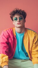 Poster - A young man is dressed in a bright, bold jacket and trendy sunglasses, perfect for casual outings or adding a pop of color to your social media posts