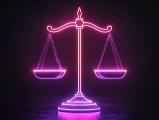 Poster - Illustration of a lit up scale of justice on a black background, suitable for use in law or courtroom settings