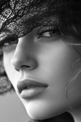 Poster - A black and white photo of a woman with a hat, suitable for use in vintage or nostalgic themed projects