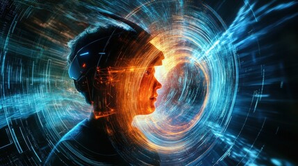 Aufkleber - businessman wearing a vr headset immersing in a virtual reality experience, navigating a swirling tu