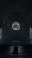 Aufkleber - A person sitting in a church with a beautiful stained glass window, great for interior design or religious concepts