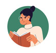 © Good Studio - Woman reading, holding book in hands, circle avatar. Female teacher in glasses, smart look. Educator, librarian, round user profile icon. Flat vector illustration isolated on white background