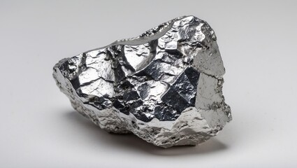 Poster - Shiny metallic rock with angular crystalline surface in silver color, positioned diagonally on a light gray background, showcasing natural texture and reflections.