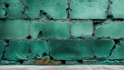Poster - Sea green rough concrete wall texture with visible cracks and a smooth light grey floor, creating an industrial and rustic background.