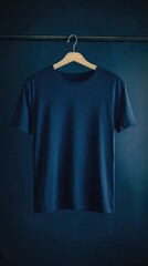 Poster - A single white t-shirt hanging from a hanger against a blue background
