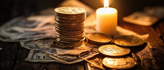 Poster - A stack of coins sitting next to a lit candle for use in editorial, commercial or personal projects