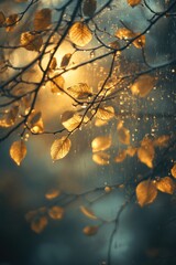 Poster - Close-up shot of a tree branch with green leaves