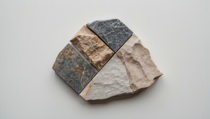 Poster - Abstract arrangement of four artificial stone sections featuring gray and beige hues, positioned in a geometric layout on a white background.