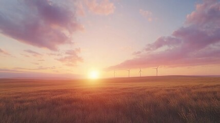 Poster - A serene landscape with a vibrant sunset behind a green field, perfect for nature or travel-themed projects