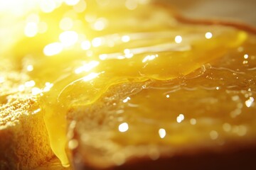 Poster - A close-up view of a slice of bread covered in honey, perfect for use in food-related illustrations or as a symbol of sweetness
