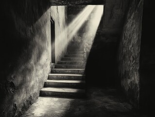 Poster - A black and white photograph of a stairway, providing a minimalist and atmospheric perspective