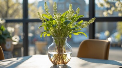 Poster - Sunlit glass vase with vibrant green plants on a wooden table, featuring soft natural light and a blurred outdoor background in spring.