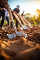 Aufkleber - Two shovels resting on the ground, surrounded by dirt and possibly ready for use