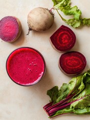 Poster - Fresh beets with beet juice, arranged on a wooden table