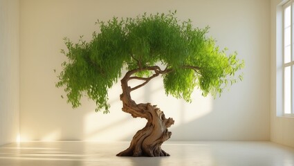 Poster - Lemon cypress tree with lush green foliage positioned centrally in a bright minimalist room with soft shadows and a window casting light.