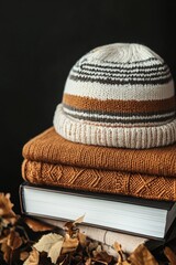 Poster - A stack of books with a knitted hat on top, perfect for book lovers and cozy home decor