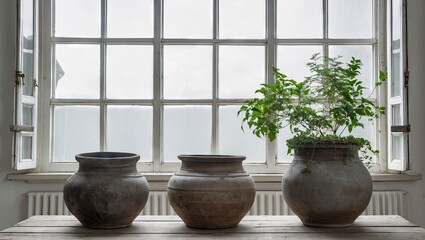 Poster - Interior scene with large white window providing natural light, three pots on a wooden table, green plant in right pot, soft neutral tones.