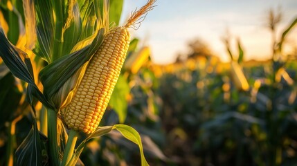 Poster - Ripe corn cobs ready for harvest in a golden agricultural field during sunset