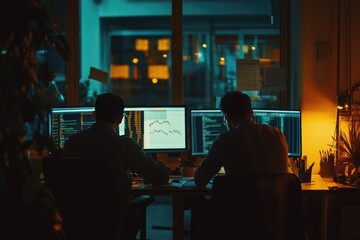 Poster - Two colleagues working together on their computers, suitable for office or work-related projects