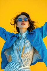 Poster - A person wearing a blue jacket and sunglasses, suitable for use in fashion or lifestyle context