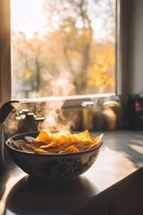 Poster - A bowl of chips sits next to a window, great for a snack or decoration