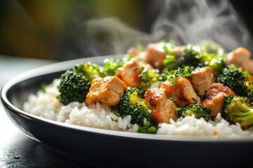 Poster - A close-up view of a plate filled with rice, broccoli, and other ingredients