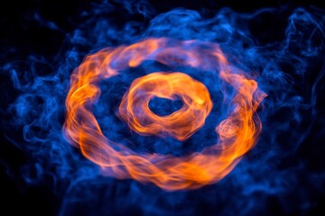 Poster - Abstract image of swirling blue and orange fire forming a circular pattern against a black background. The fire creates a mesmerizing effect with its vibrant colors and dynamic movement.