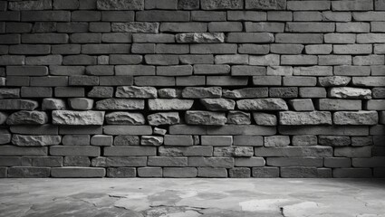Poster - Textured dark gray stone wall with uneven bricks arranged in a staggered pattern, creating a rustic and industrial feel, with a concrete floor below.