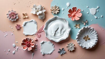 Poster - Pastel background featuring artistic white watercolor and ink paint splatters surrounded by decorative flowers and intricate shapes in soft colors.