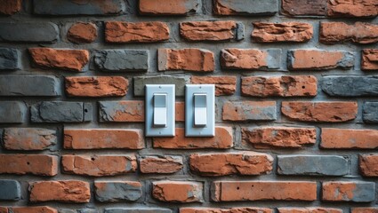 Poster - Modern light switches on a textured brick wall with red and gray tones positioned symmetrically in the center creating a rustic ambiance.