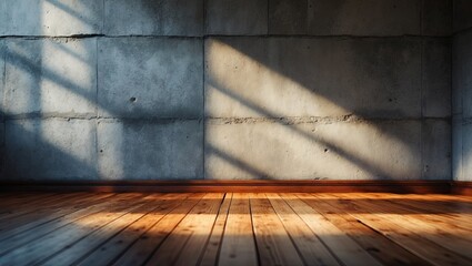 Poster - Concrete wall with shadows on the left, warm wooden floor on the right, soft natural light illuminating the space, creating a modern interior atmosphere.