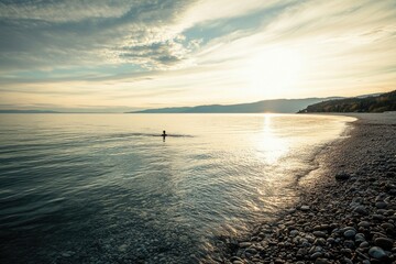 Poster - A person riding a surfboard on the surface of the water, surrounded by calm or choppy waves