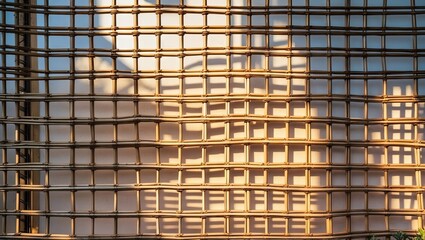Poster - Sunlight casting intricate patterns on a cane furniture, featuring warm golden hues in textured grid against a soft light background.