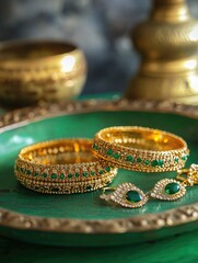Poster - A decorative arrangement of gold and green jewelry on a green plate, perfect for photography props or still life compositions