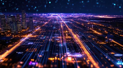 Poster - Vibrant City Lights and Data Streams Above Urban Landscape at Night