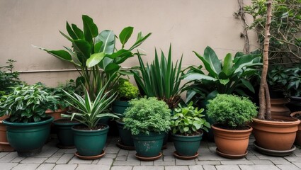 Poster - Lush green potted plants in various sizes arranged neatly on a stone patio against a neutral wall creating a serene outdoor ambiance.