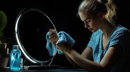 Poster - A woman cleans her hands with a towel in front of a mirror