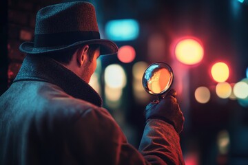 Poster - A person examining an object or area using a magnifying glass, useful for detective work, scientific research or everyday curiosity