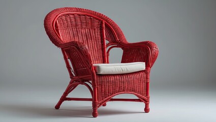 Poster - Red wicker chair with a light beige cushion positioned slightly off-center against a soft gray background showcasing texture and color contrast.