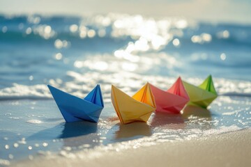 Poster - A collection of paper boats scattered on the sandy beach, perfect for decorative use or as a prop in photography projects