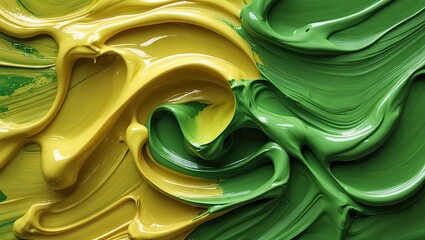Poster - Abstract macro close-up of vibrant yellow and green paint swirls textured on a canvas background with glossy finish and dynamic flow patterns.