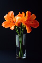 Poster - A simple yet elegant arrangement of orange flowers in a clear glass vase against a dark background