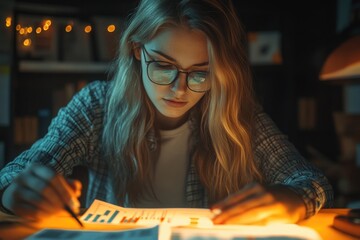 Poster - A woman sits at a desk with a book and calculator, focused on her studies
