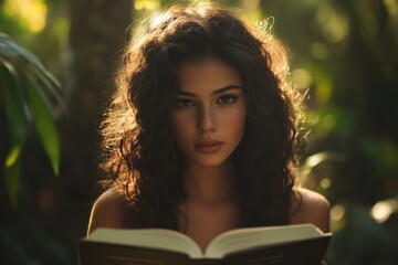 Poster - A woman sitting on a log, reading a book in a dense forest